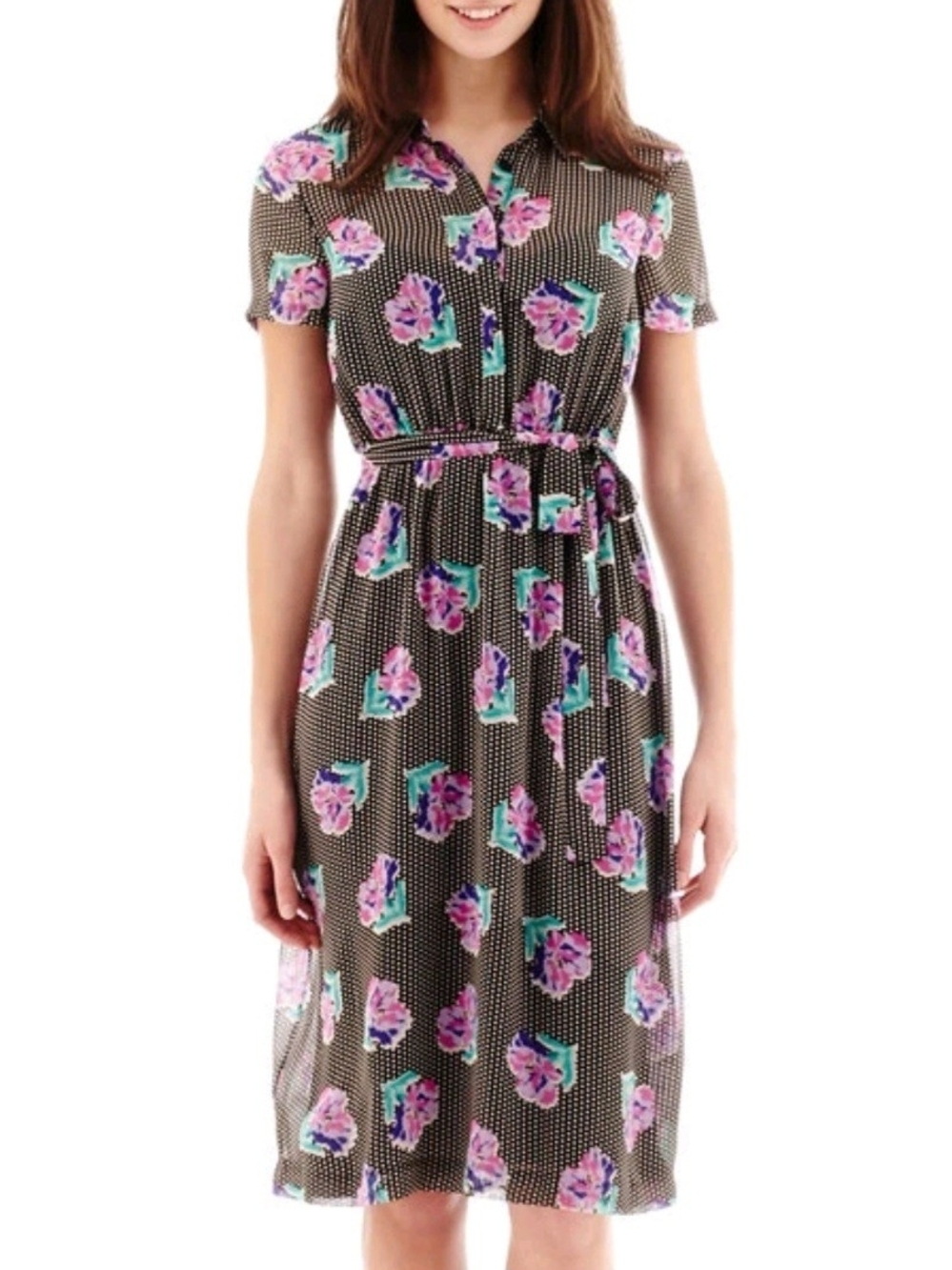 I Heart Ronson (Women's S) Floral Polka dot Print Black Semi-Sheer Shirt Dress
